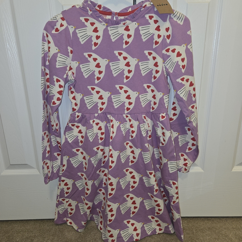 Boden Purple Kids Dress with Heart and Bow Pattern
